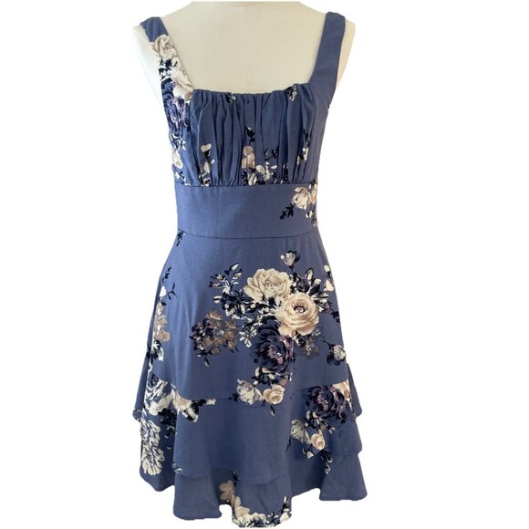 Mi Ami Baby Doll Mini Dress Size XS Blue Floral Tiered Linen Blend Milkmaid - Picture 1 of 11